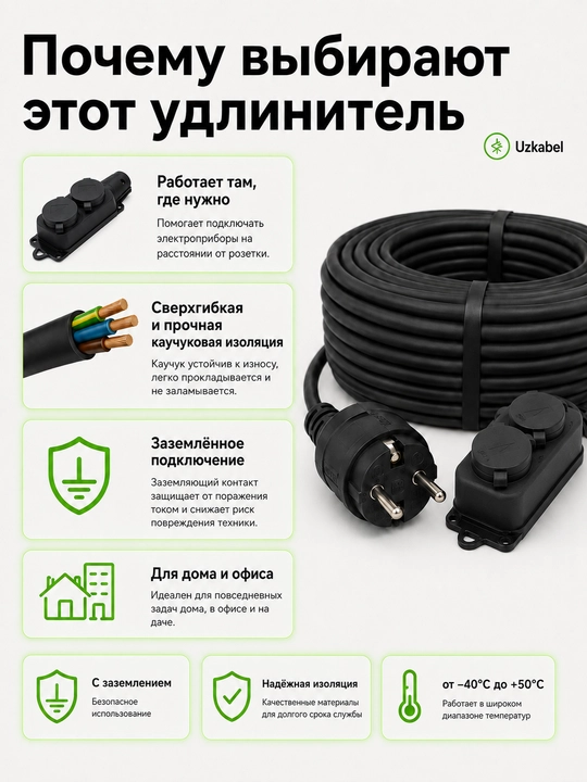 Удлинитель силовой КГ Uzkabel 3×2.5, 2 розетки, с заземлением, 2–100 м