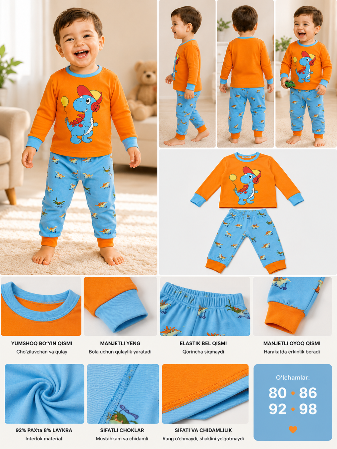 O'g'il bolalar uchun interlok pijama, 92% paxta, 8% laykra, 80–98