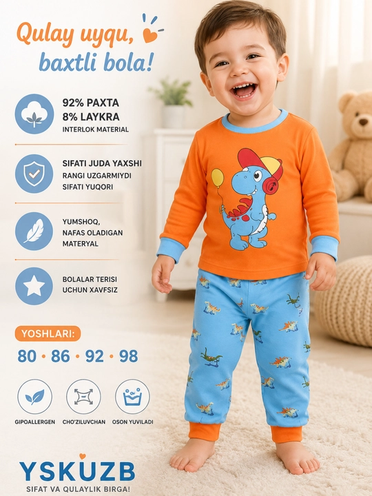 O'g'il bolalar uchun interlok pijama, 92% paxta, 8% laykra, 80–98 - 
