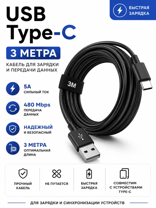 Кабель USB Type-C 2M / 3M, 5A, зарядка и передача данных - 