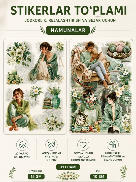 Star Flower dekorativ stikerlar to‘plami, 20 varaq, jurnal va planer uchun