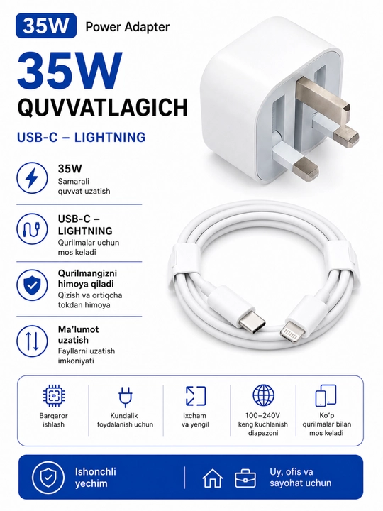 35W USB-C quvvatlagich va USB-C to Lightning kabel, iPhone uchun - 