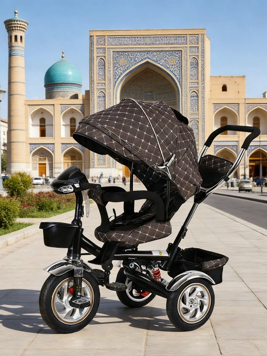 Uch g‘ildirakli velosiped aravachasi, 360° o‘rindiq, musiqa va yorug‘lik, 25 kg gacha