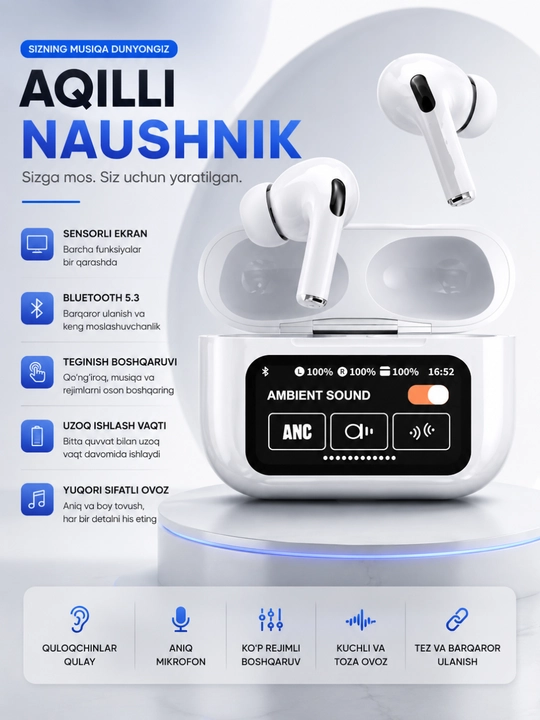 Sensorli boshqaruv va smart displeyli 5.3 simsiz Bluetooth quloqchinlar - 