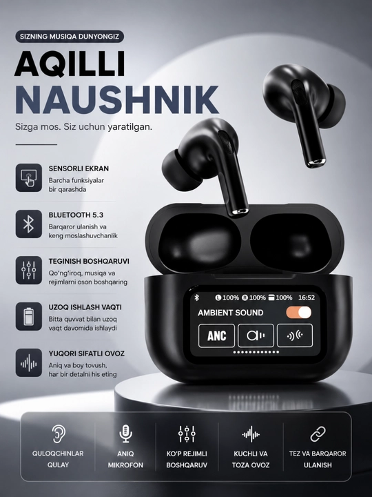 Sensorli boshqaruv va smart displeyli 5.3 simsiz Bluetooth quloqchinlar - 
