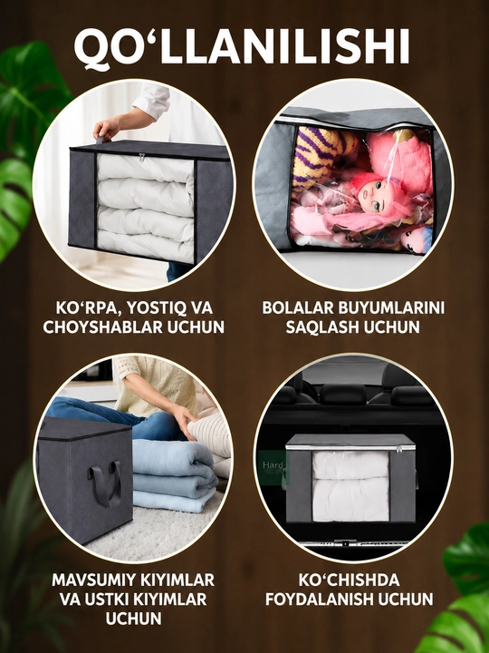 Kiyim-kechaklar, buyumlar va yopinchiqlar saqlash uchun quti (buklanadigan organayzer)
