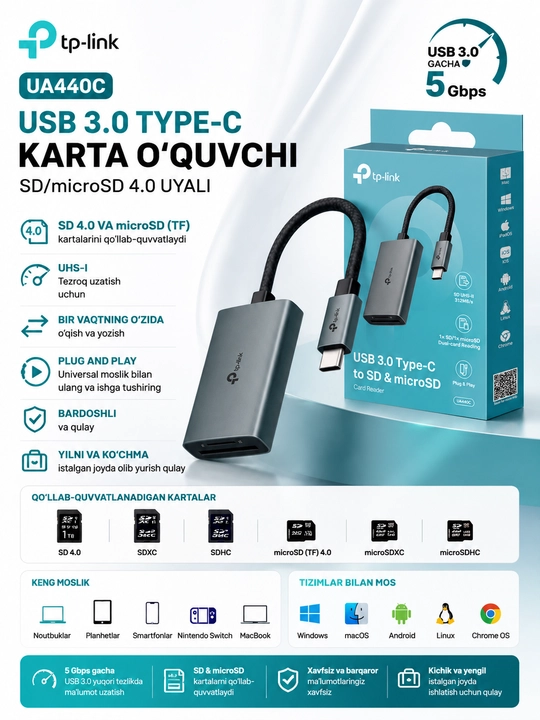 Картридер USB 3.0 Type-С со слотами SD / microSD 4.0 card reader - 