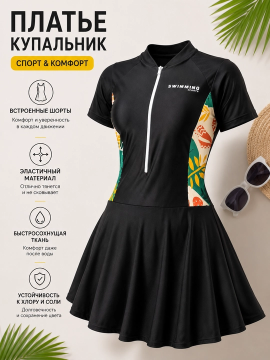 Женское платье-купальник с шортами, спортивный слитный купальник на молнии - 
