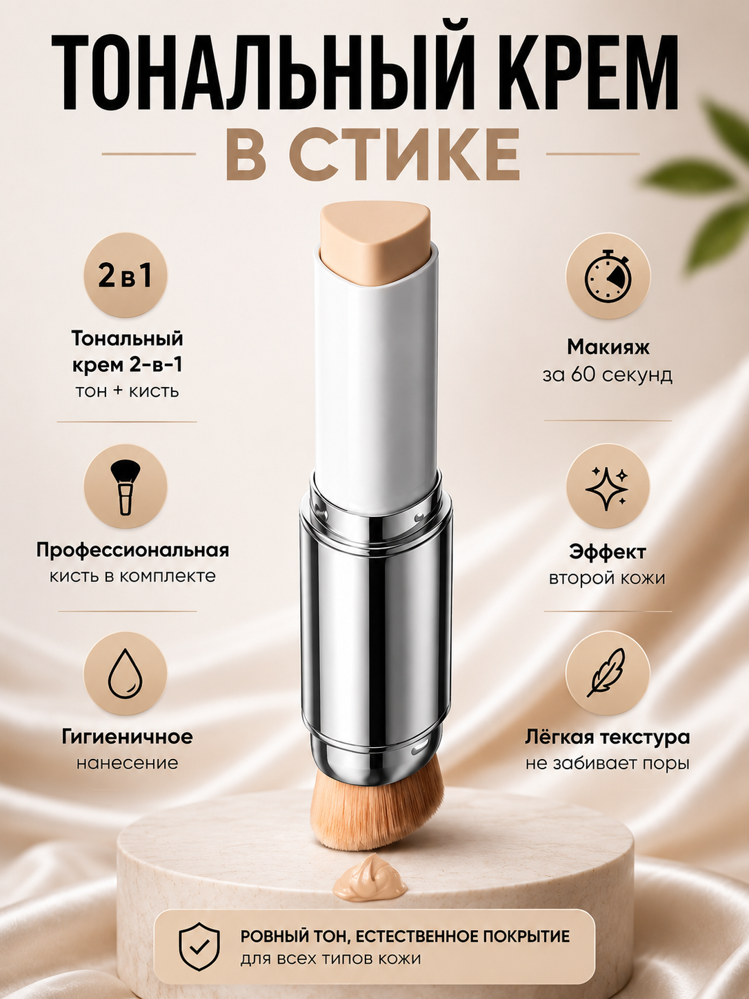 Stik tonal krem cho'tka bilan, tonal stik yuz uchun, tonalka 2 tasi 1 da - 