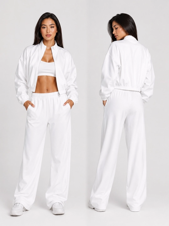 Ayollar uchun uch qismli sport komplekti, bomber, top va keng shim