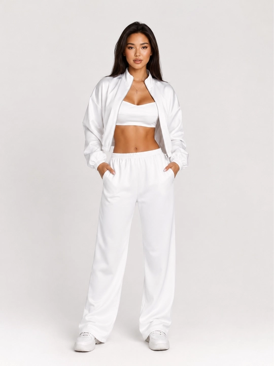 Ayollar uchun uch qismli sport komplekti, bomber, top va keng shim