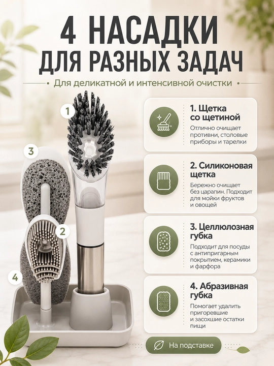 Щетка для посуды с дозатором и 4 сменными насадками на подставке