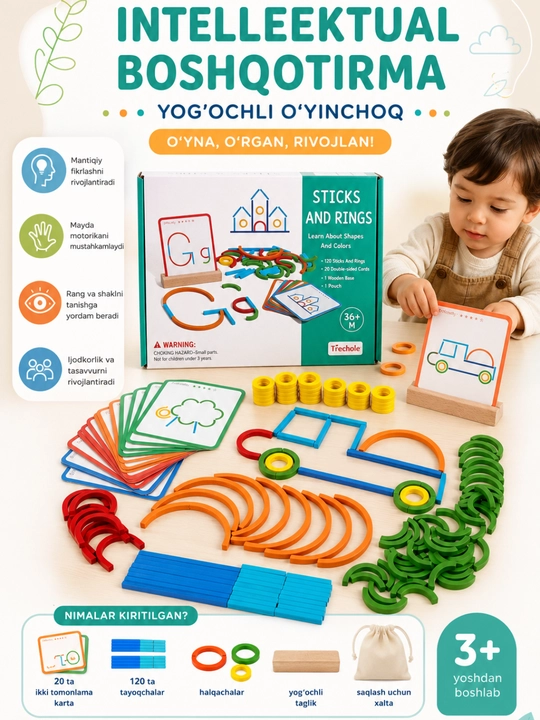 Intellektual yog‘ochli boshqotirma o‘yinchoq, Montessori, shakl va ranglarni o‘rgatuvchi - 