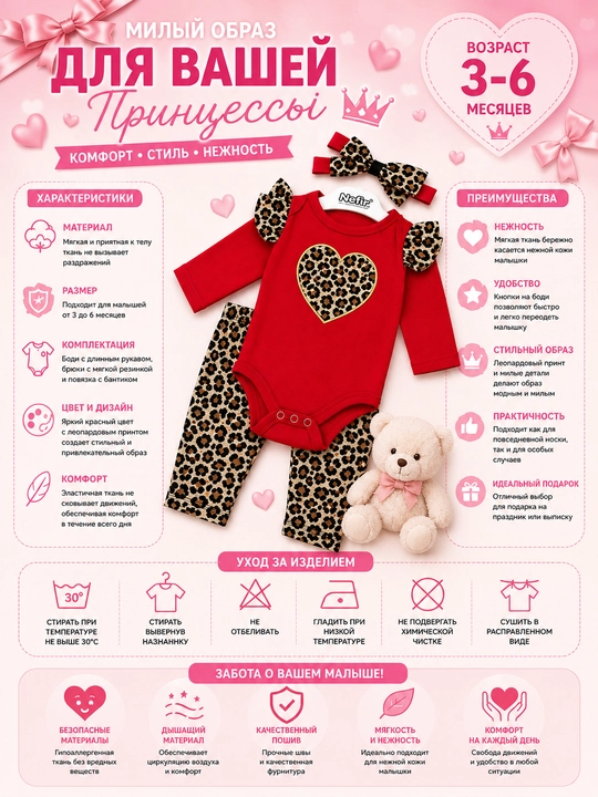 Комплект одежды для малышки Özbebek Leopard Heart хлопковый 3-6 месяцев