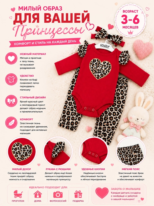 Qizaloqlar uchun kiyim to‘plami Özbebek Leopard Heart paxtali leopard naqshli 3–6 oylik - 