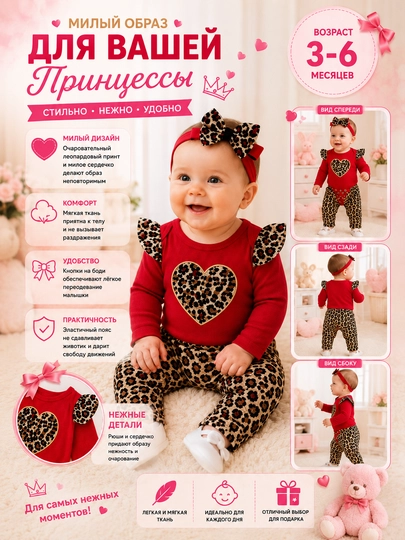 Комплект одежды для малышки Özbebek Leopard Heart хлопковый 3-6 месяцев