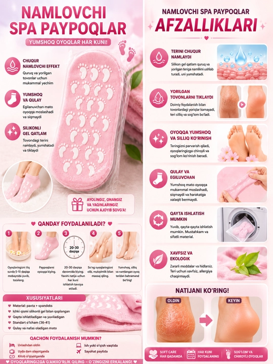 Ayollar uchun namlovchi gelli pedikyur paypoqlari (Spa Gel Socks)