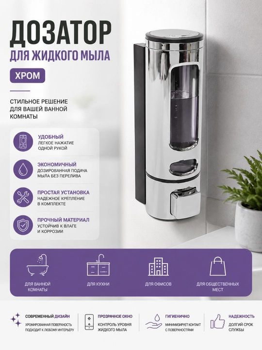 Дозатор для жидкого мыла, хром - 