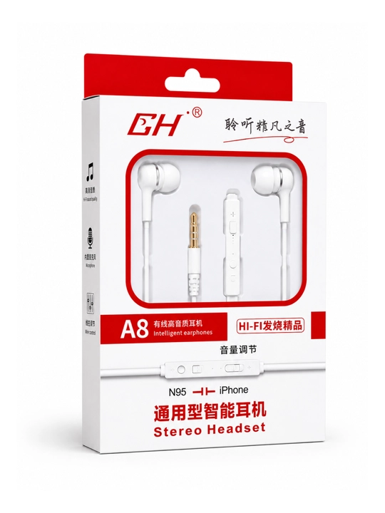 3.5 mm simli A8 quloqchinlar, Hi-Fi Stereo, mikrofonli, ovoz boshqaruvi