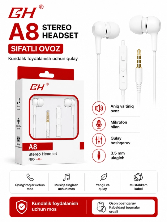 Проводные наушники A8 3.5 мм, Hi-Fi Stereo, с микрофоном, управление звуком - 
