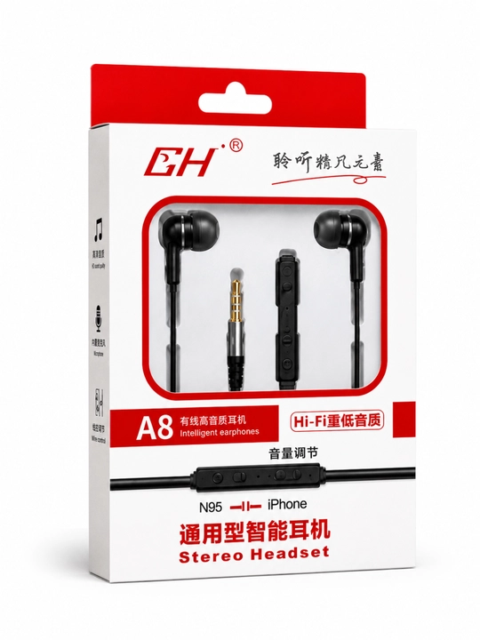 3.5 mm simli A8 quloqchinlar, Hi-Fi Stereo, mikrofonli, ovoz boshqaruvi