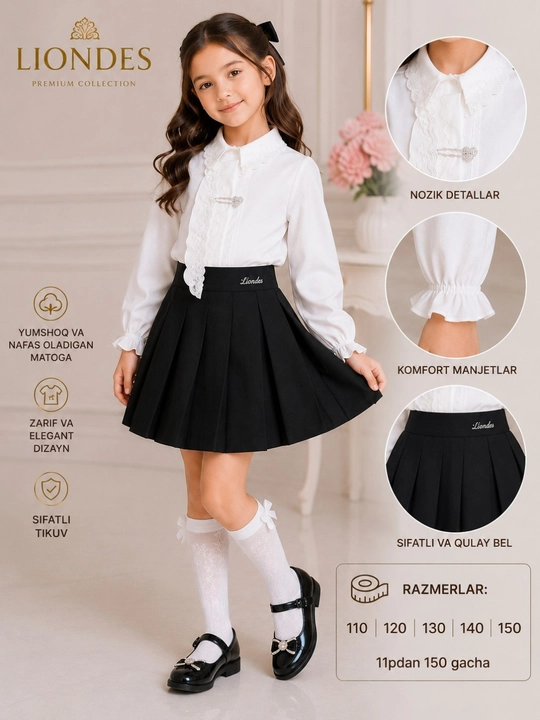 Qizlar uchun maktab formasi, oq koylak, qora yubka, 7-11 yosh, 8-12 yosh, maktab formasi