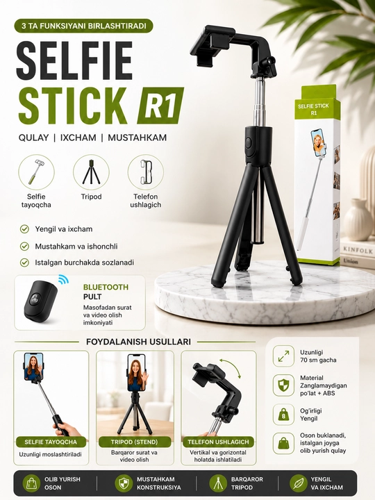 Bluetooth bilan jihozlangan R1 3 ta 1 da selfi tayoqchasi, monopod va shtativ, 70 sm, qora