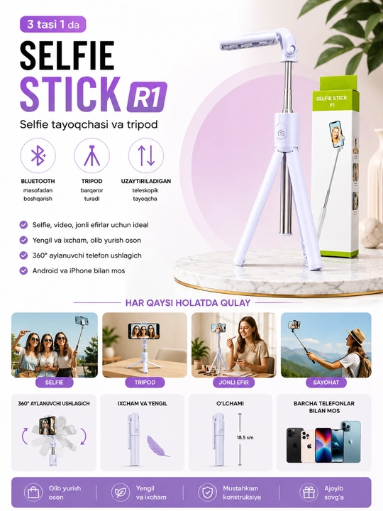 Bluetooth bilan jihozlangan R1 3 ta 1 da selfi tayoqchasi, monopod va shtativ, 70 sm, qora - 