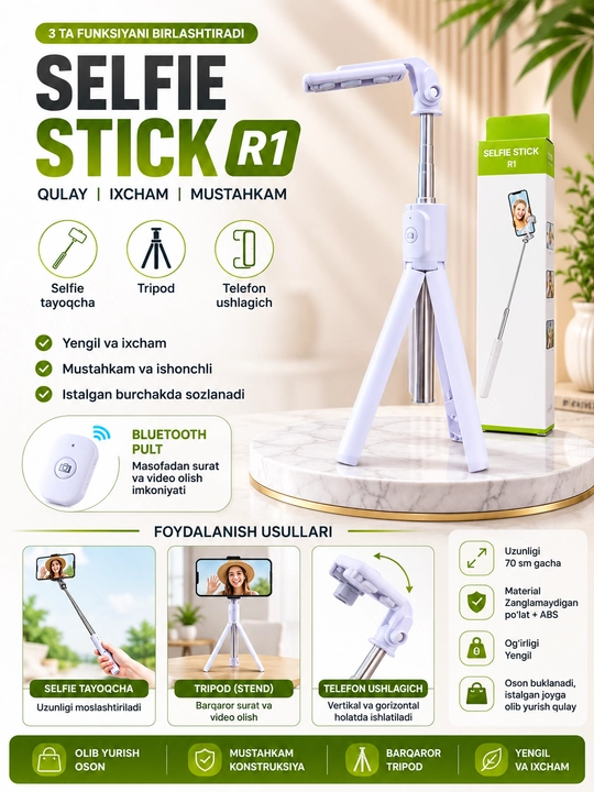 Bluetooth bilan jihozlangan R1 3 ta 1 da selfi tayoqchasi, monopod va shtativ, 70 sm, qora