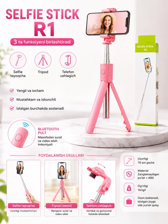 Bluetooth bilan jihozlangan R1 3 ta 1 da selfi tayoqchasi, monopod va shtativ, 70 sm, qora