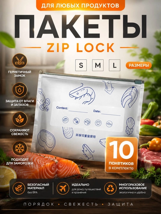 Zip paketlar, muzlatish, saqlash uchun paketlar, ko‘p martalik,10 dona, 3 o‘lchamli - 