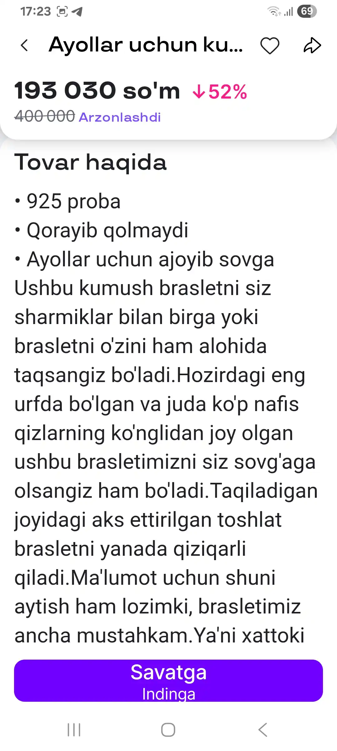 Ayollar uchun kumush braslet 925 proba