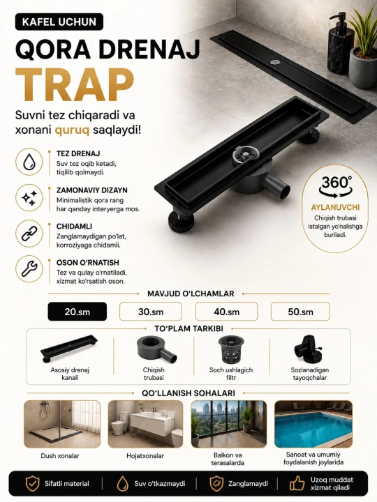 Kafel uchun qora drenaj trap - 