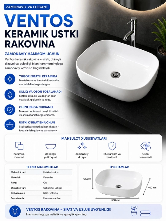 Ventos keramik ustki rakovina zamonaviy hammom uchun - 