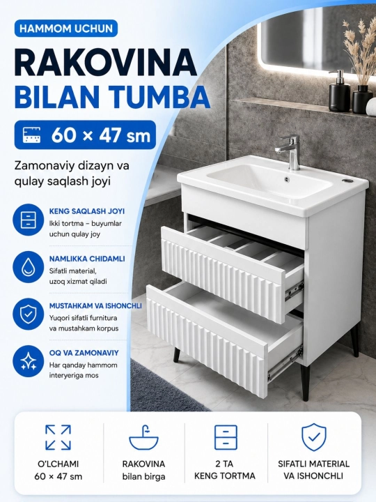 Hammom uchun rakovina bilan tumba 60×47 sm - 
