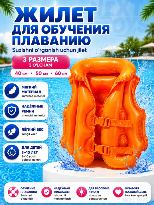 Надувной жилет для обучения плаванию детский, 40/50/60 см, с регулируемыми ремнями - 