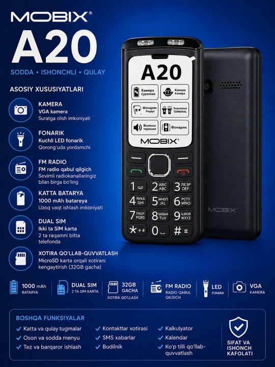 Mobix A20 knopkali telefoni - 
