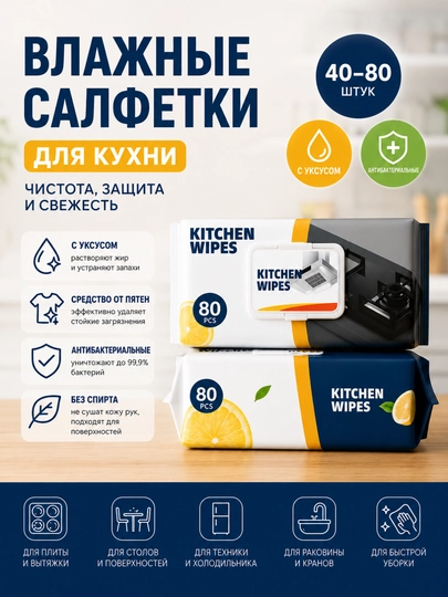 Влажные салфетки (40–80 шт), с уксусом, пятновыводителем и антибактериальной формулой - 