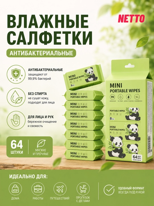 Влажные салфетки 64 шт., антибактериальные, мини, для детей и взрослых - 