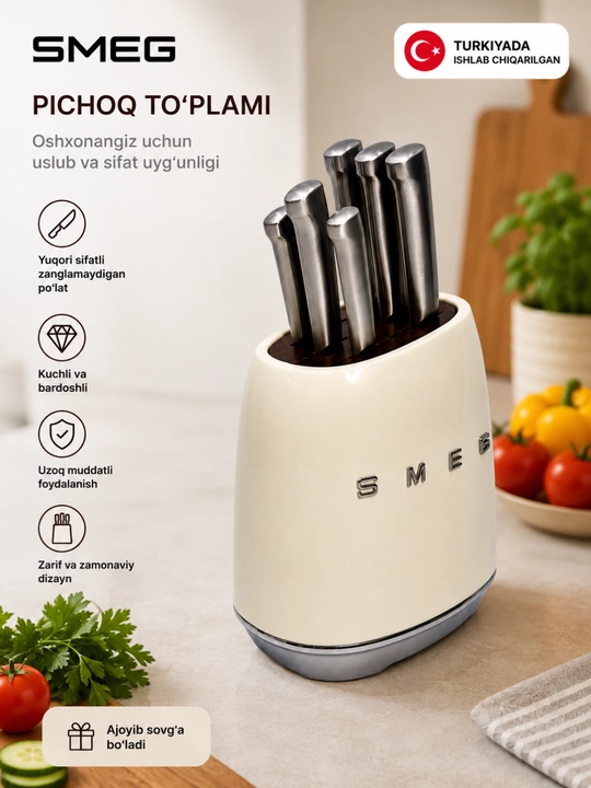 Smeg oshxona pichog‘i — go‘sht, sabzavot va mevalar uchun, zanglamaydigan po‘lat - 