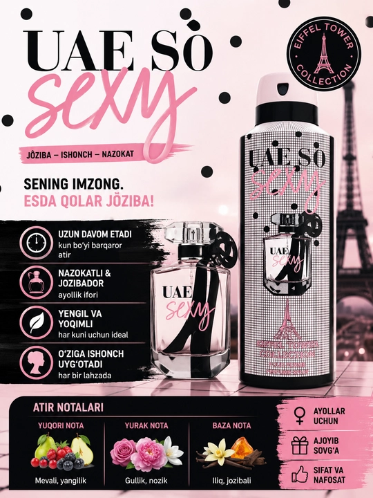 Женские парфюм-дезодоранты Eiffel Tower набор 200+25 мл, Roses Musk, Chance, My Way, So sexy - 