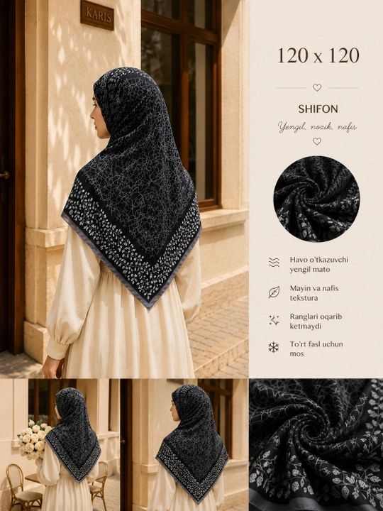 Ayollar ro‘mollari, krep-shifon, manzara ro'mol matosi harir, hijob, 120×120, 140×140 sm, Misr - 