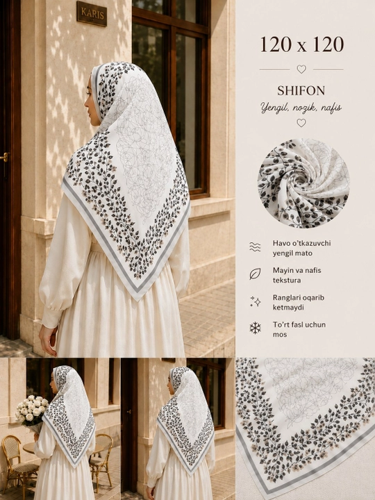 Ayollar ro‘mollari, krep-shifon, manzara ro'mol matosi harir, hijob, 120×120, 140×140 sm, Misr - 