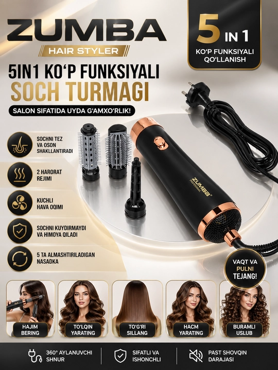 Fen-stayler Zumba ZM-9934: oson soch turmagi, tez va oson hajmli va katta lokon yarating - 