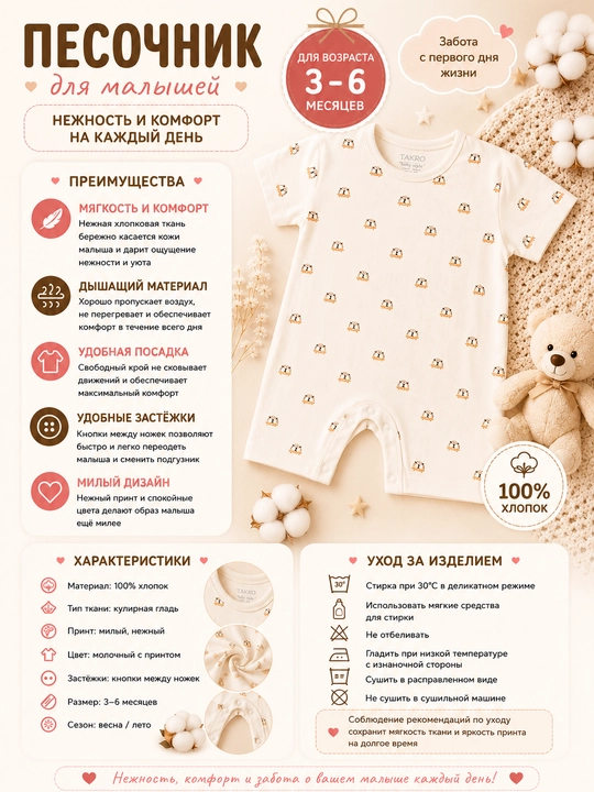 Песочник для малышей 3–6 месяцев, 100% хлопок, мягкий дышащий и нежный трикотаж