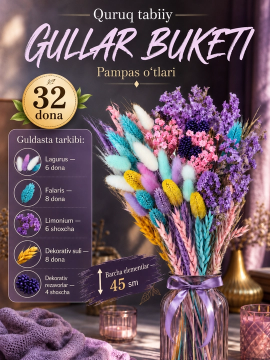 Quritilgan gullar, tabiiy, quruq gullar guldastasi - 