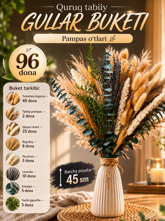 Quritilgan gullar, tabiiy, quruq gullar guldastasi
