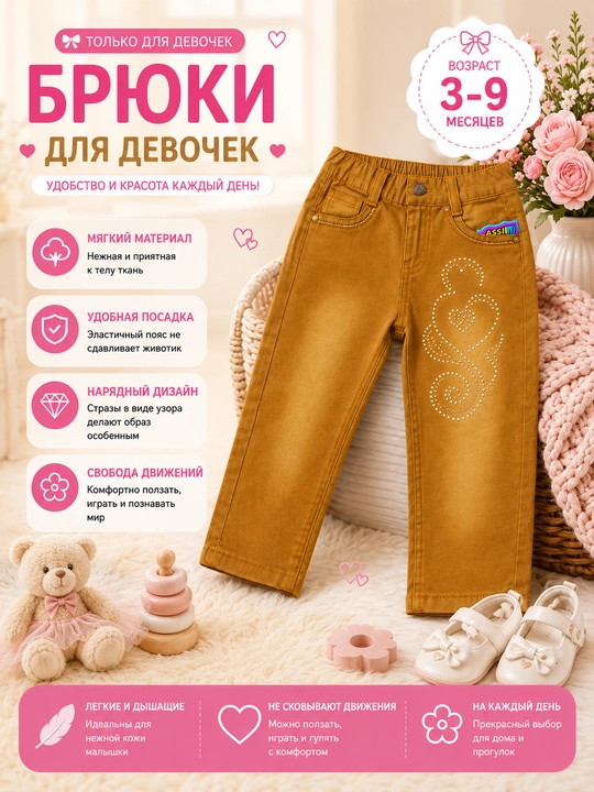 Özbebek qizchalar uchun shim, Assiim modeli, 3–9 oylik, yumshoq paxta, qulay bichim - 
