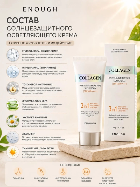 Enough 3 in 1  SPF 50+ солнцезащитный  крем с коллагеном для лица и тела, увлажнение - 