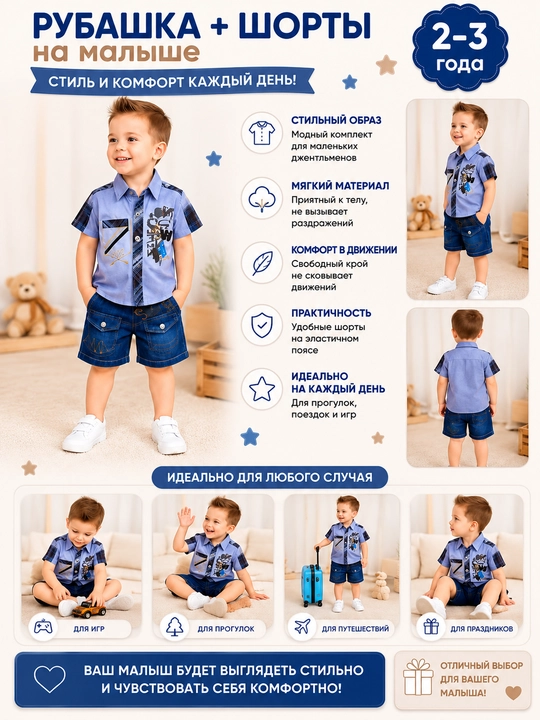 Костюм для мальчиков Özbebek, рубашка и шорты, модель Stylish, 2–3 года,хлопковый комплект
